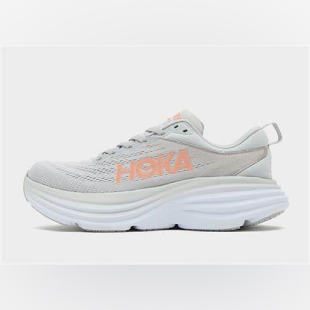 Hoka Bondi 8 Light Gray and Peach/Pink